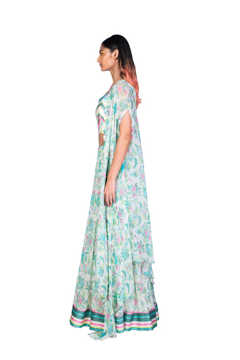 Multicolour Wallpaper Throw & Skirt With Stripe Bustier